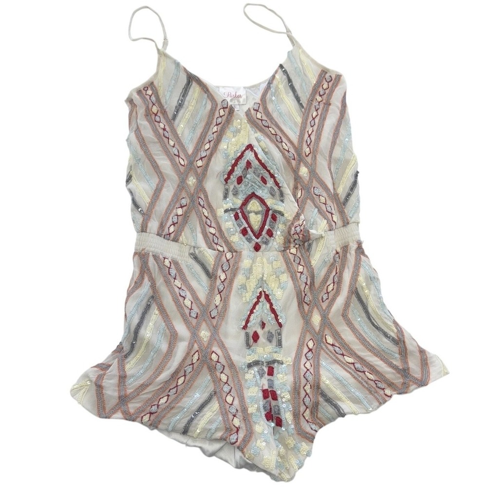 Parker Romper Womens Small White Sequin Silk Geometric Boho Festival - Picture 2 of 12